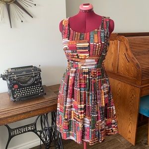 Fit and flare novelty book print dress